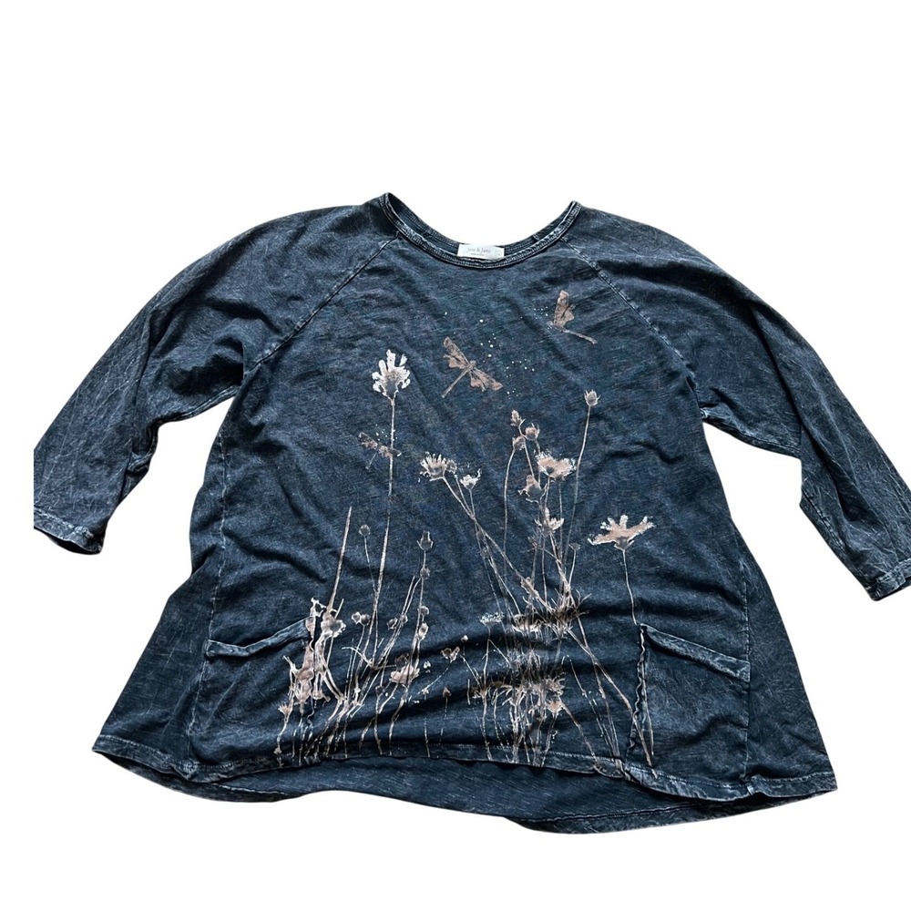 Jess & Jane Tunic Top Womens Plus 1X Black Mineral Wash Dragonfly Print Boho